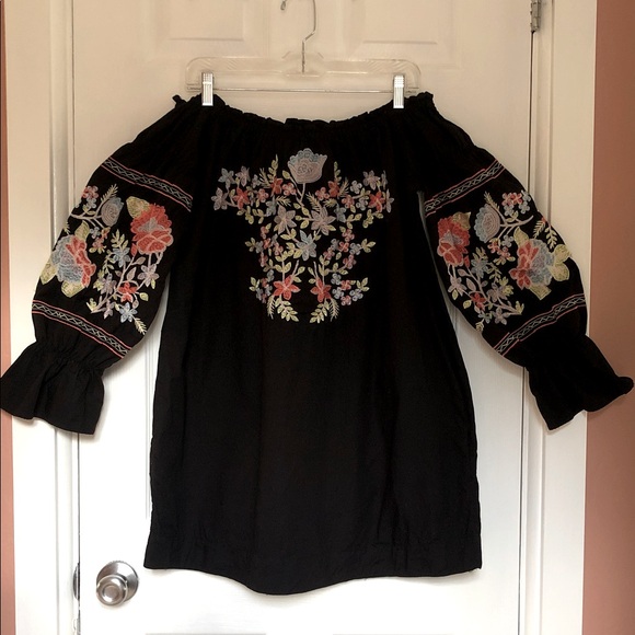 FREE PEOPLE Fleur du Jour Off shoulder Embroidered Black Mini dress Size M - Picture 2 of 8
